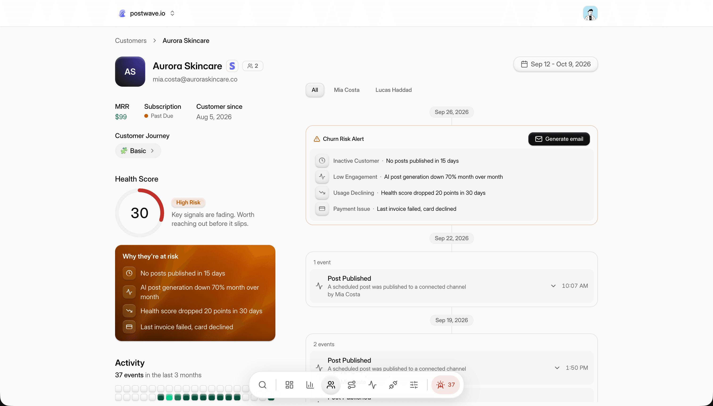 A customer account in Retain, showing its health score and the signals behind it