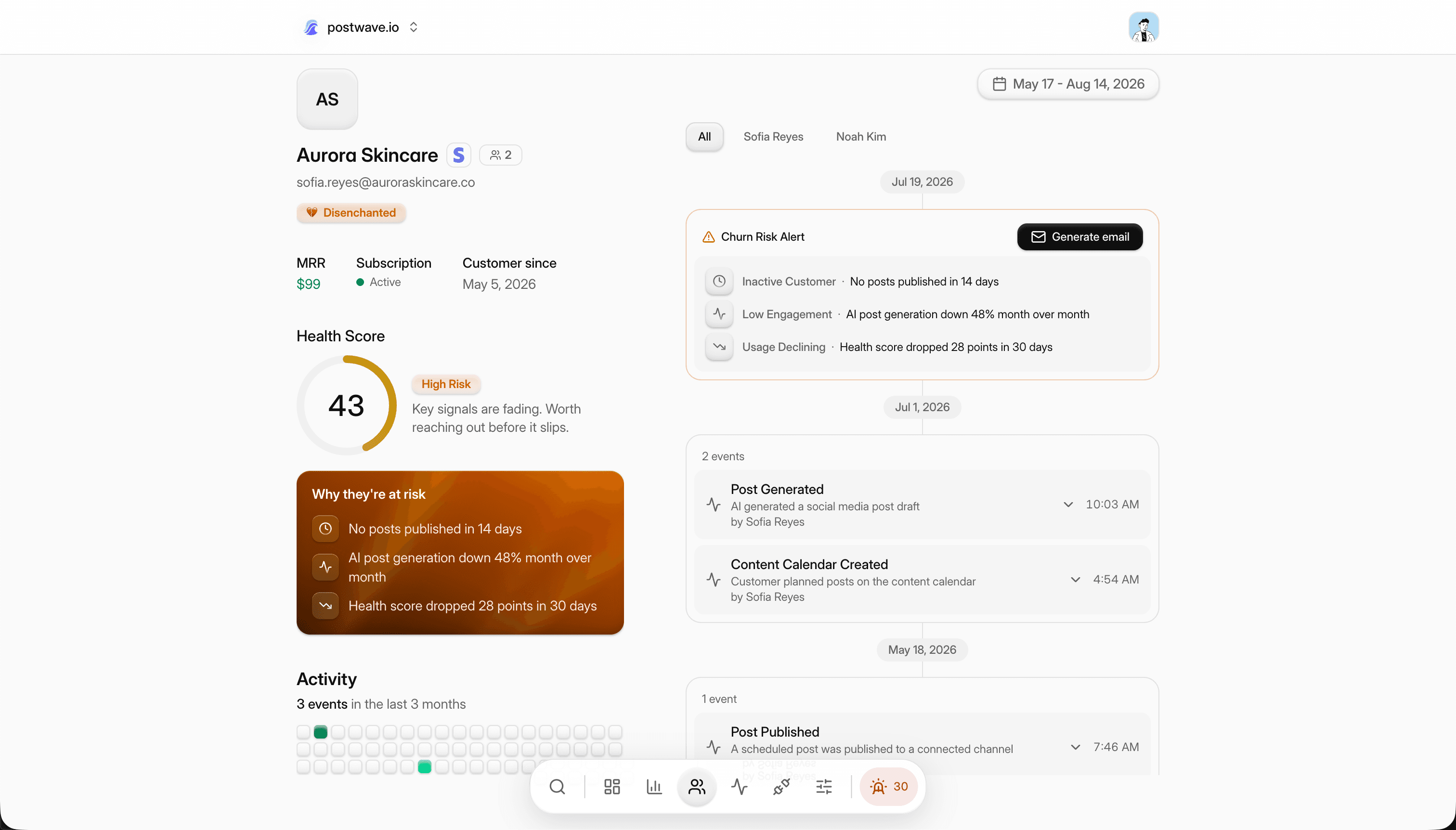 A customer account in Retain, showing its health score and the signals behind it