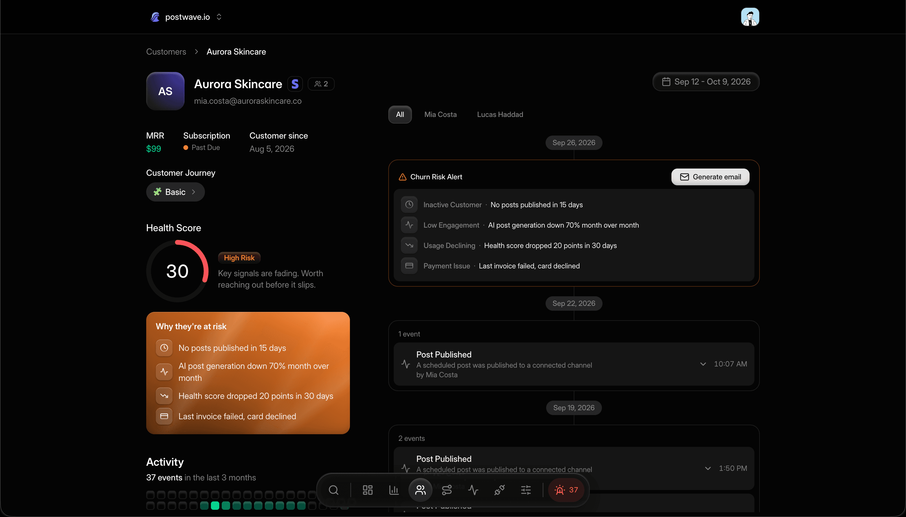 A customer account in Retain, showing its health score and the signals behind it