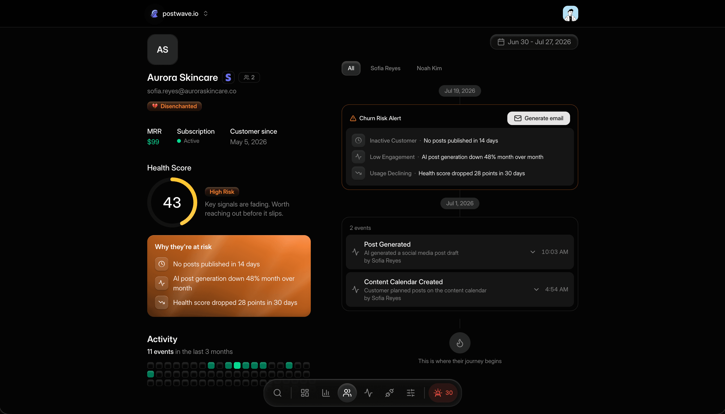A customer account in Retain, showing its health score and the signals behind it