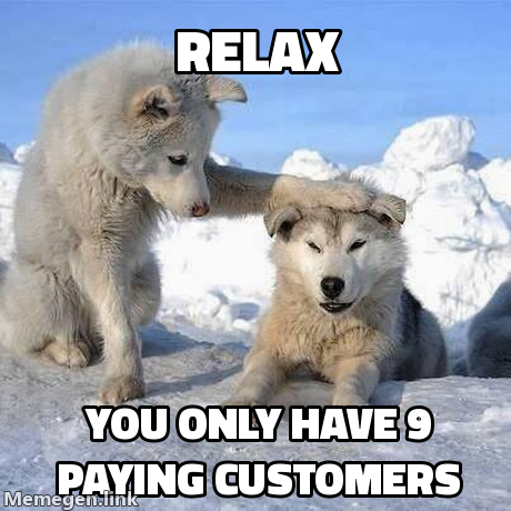 The "At least you tried" consoling dog meme, captioned "Relax, you only have 9 paying customers"