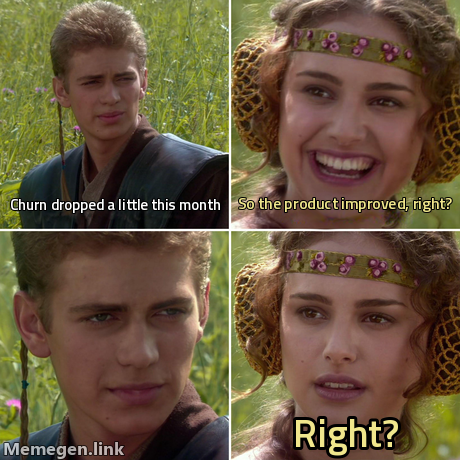 Anakin and Padmé meme. Anakin: "Churn dropped a little this month." Padmé, smiling: "So the product improved, right?" Anakin stares in silence. Padmé, no longer smiling: "right?"